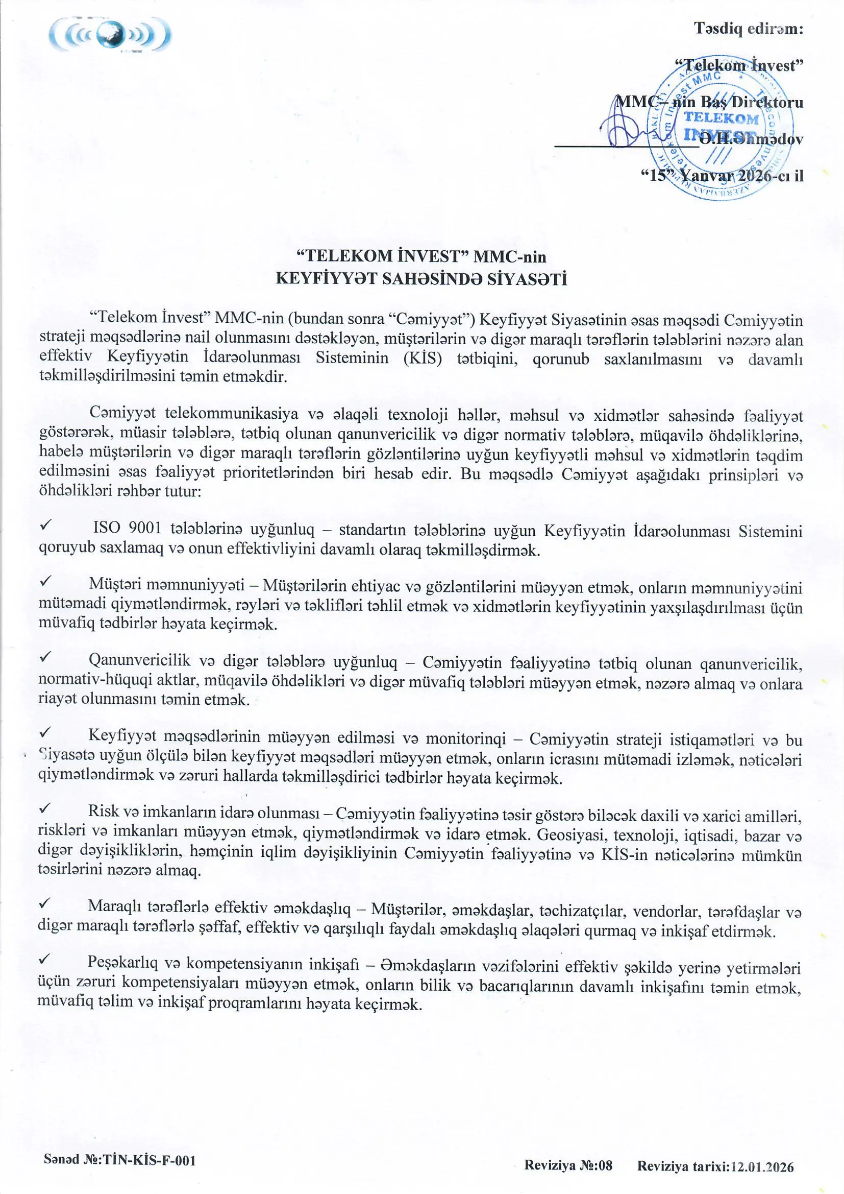 Telekom İnvest MMC Keyfiyyət Sahəsində Siyasəti rəsmi sənədi